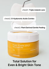 Celimax Ji.Woo.Gae exfoliating face pads for pore and dark spot treatment, shown with textured surface and packaging.