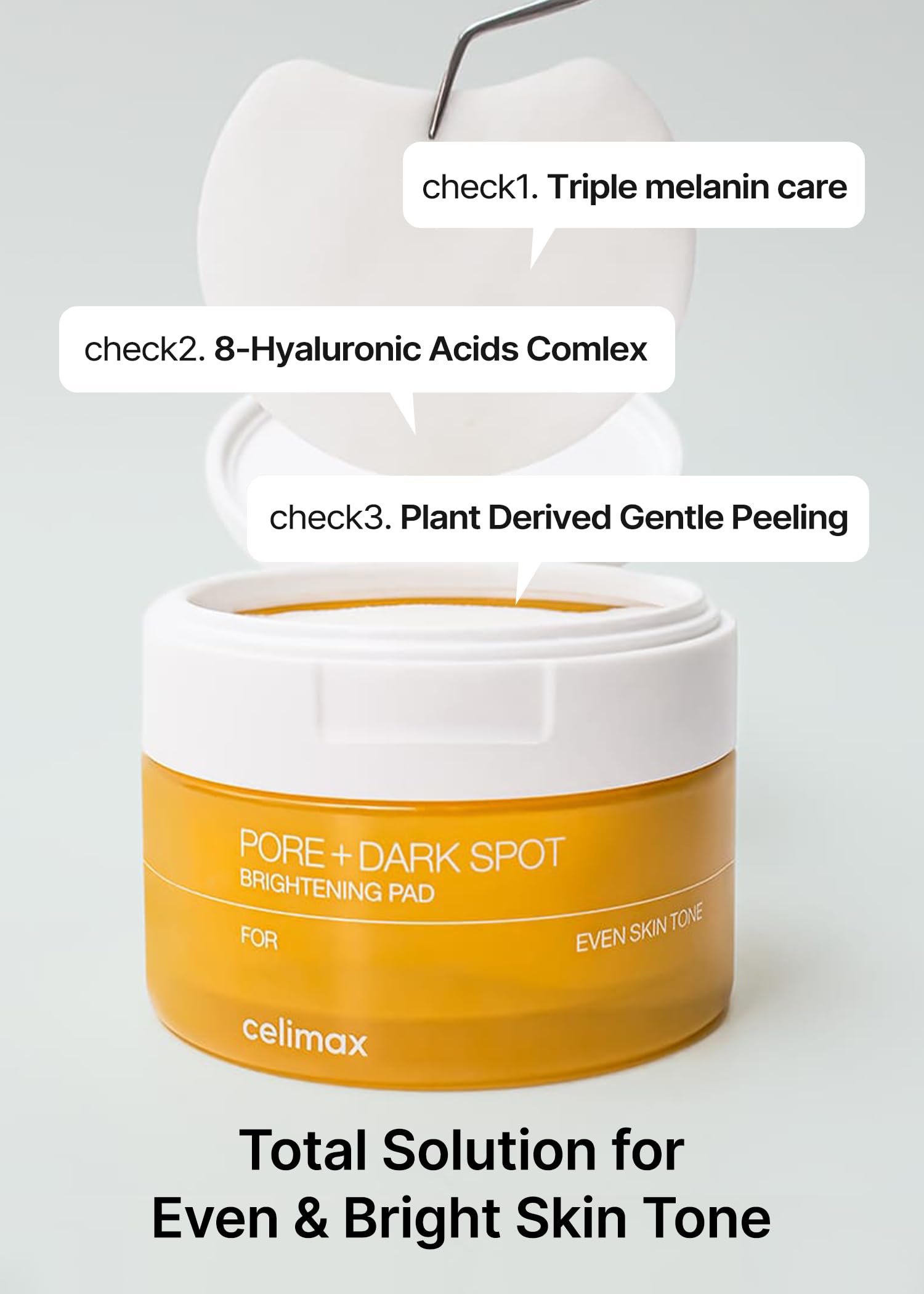 Celimax Ji.Woo.Gae exfoliating face pads for pore and dark spot treatment, shown with textured surface and packaging.