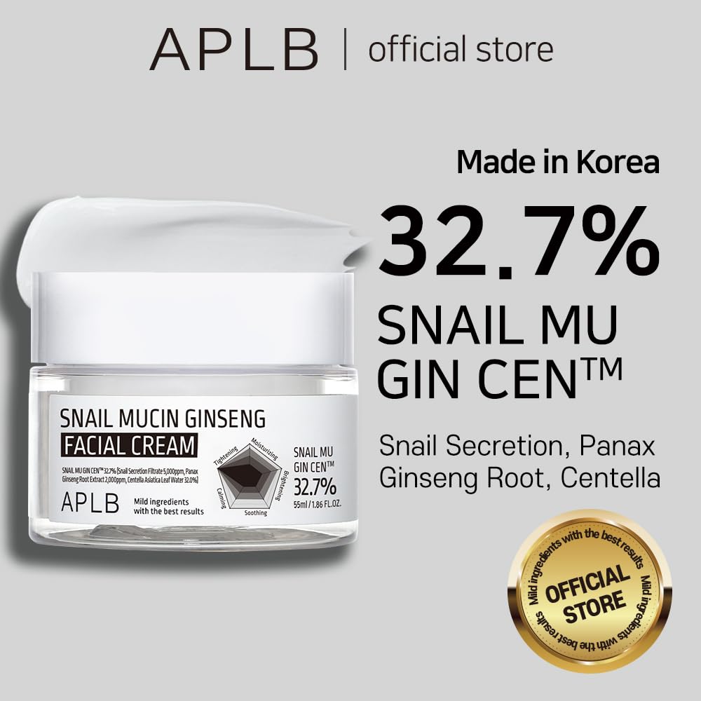 APLB Snail Mucin Ginseng Facial Cream jar with white lid, featuring snail and ginseng illustrations on the label.