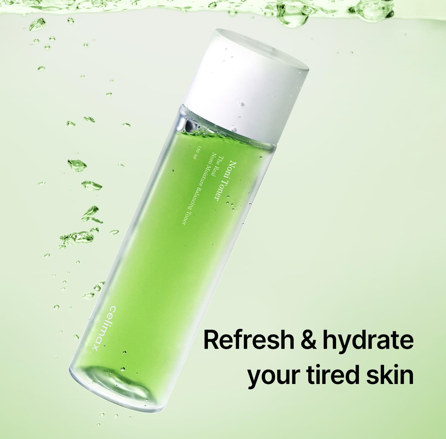 Celimax Noni Moisture Balancing Toner in a clear bottle with a white cap, featuring a minimalist label design.