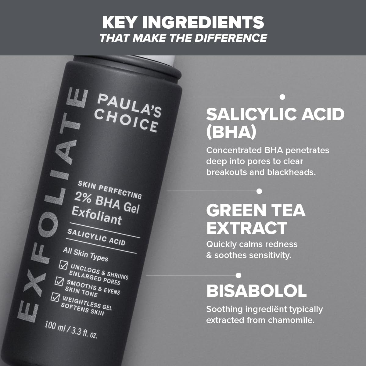 SKINZA Paula's Choice SKIN PERFECTING 2% BHA Gel Exfoliant in a clear tube with white cap, showing the product label.