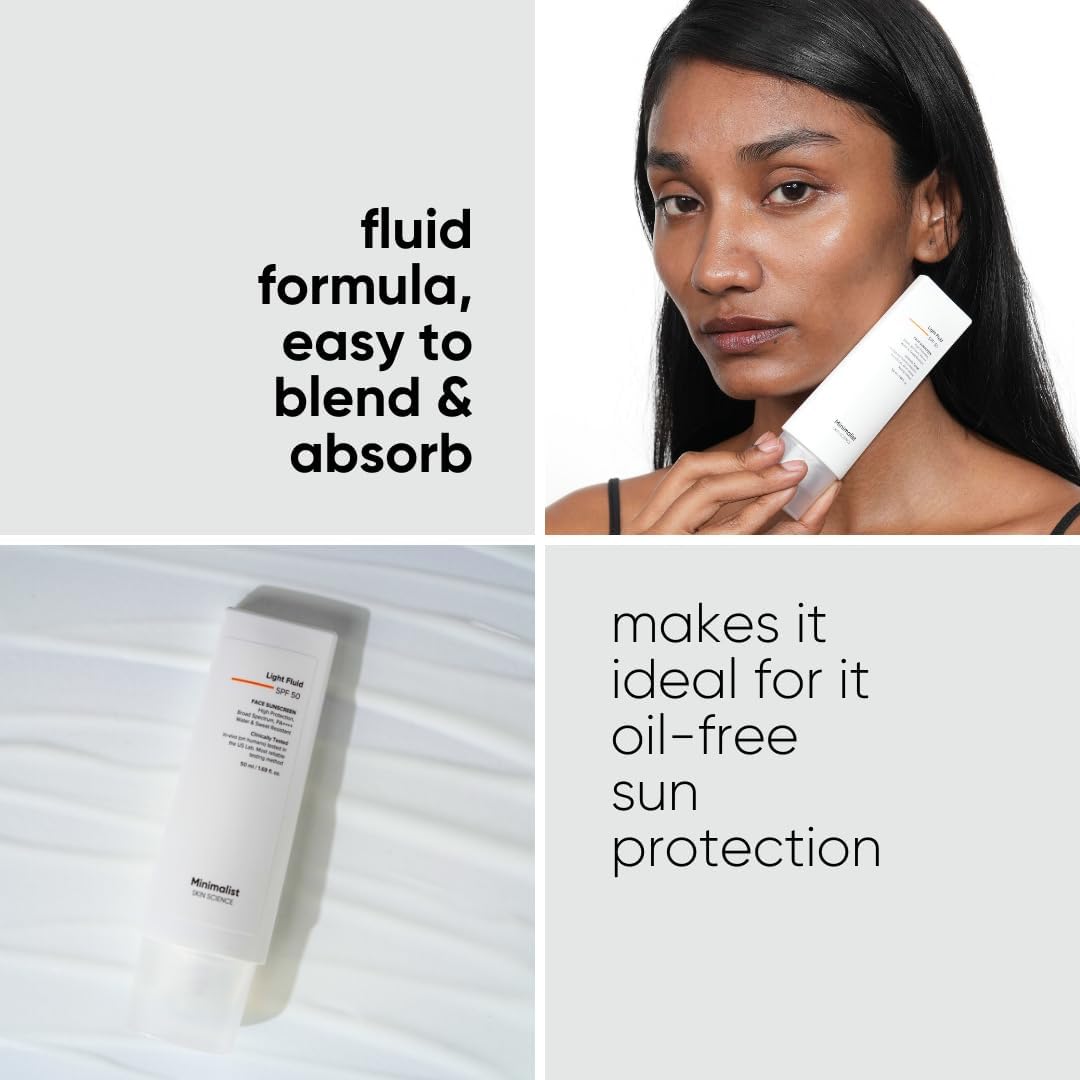 SKINZA Minimalist SPF 50 Light Fluid Sunscreen bottle with white pump dispenser and minimalist design on a white background