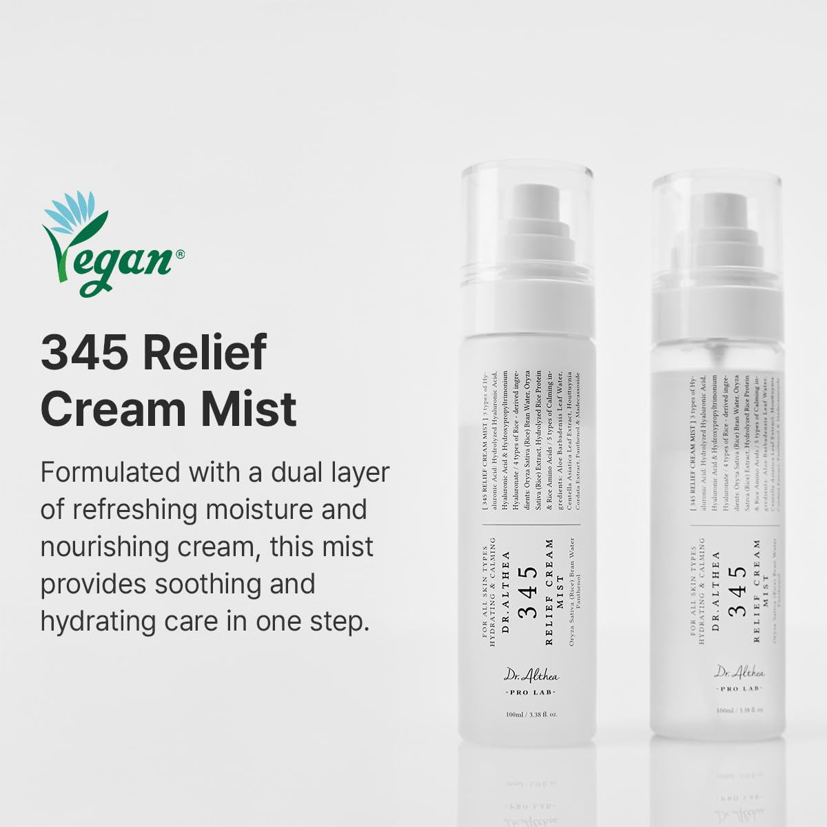 Dr. Althea 345 Relief Cream toner mist bottle with a spray nozzle, displaying clear liquid inside, used for soothing and hydrating skin.