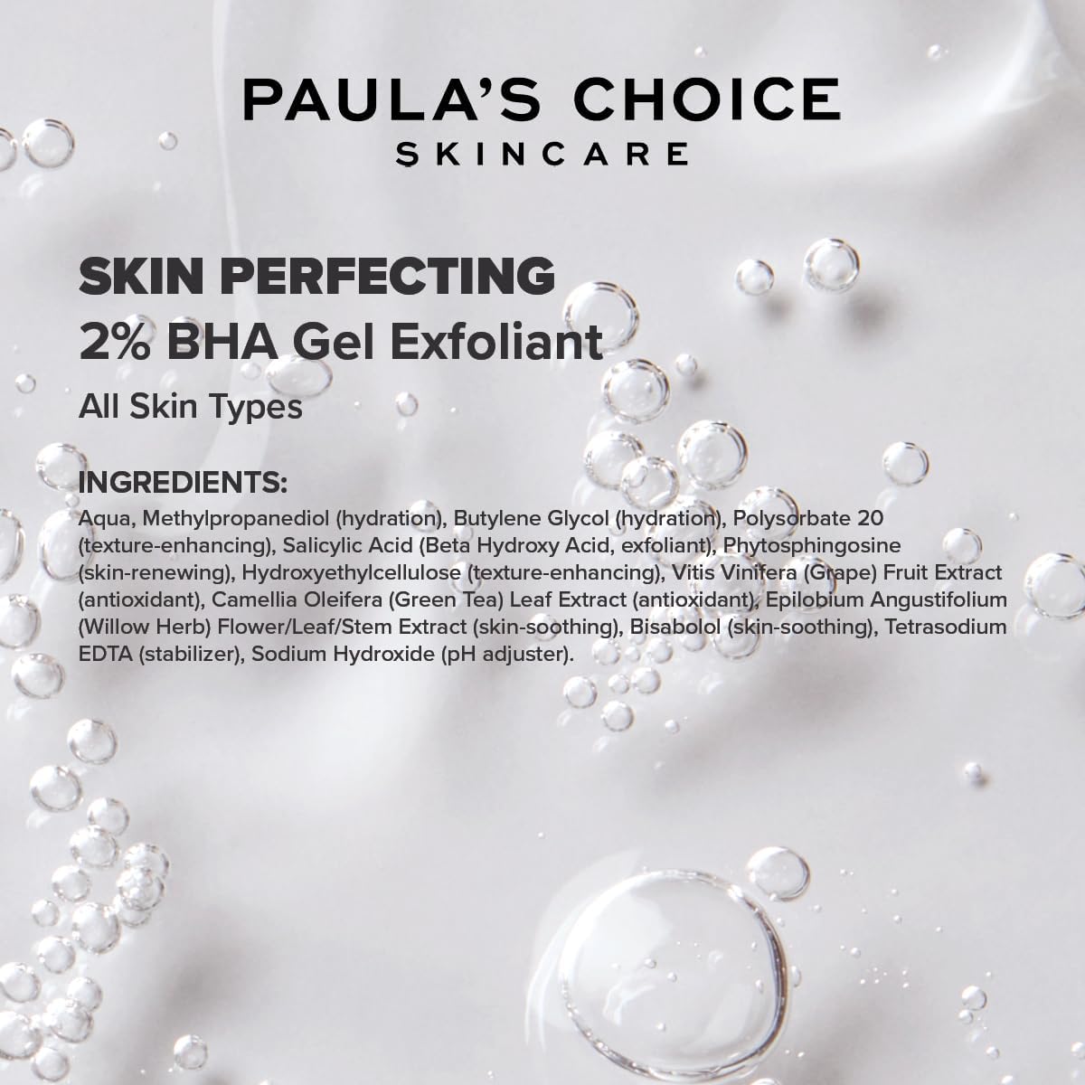 SKINZA Paula's Choice SKIN PERFECTING 2% BHA Gel Exfoliant in clear bottle with dropper for facial exfoliation and pore refinement