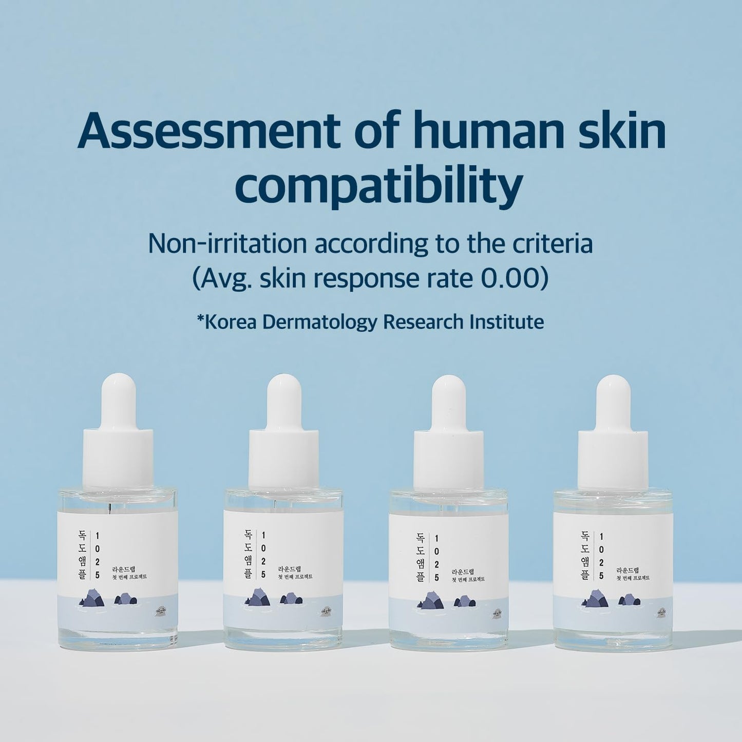 ROUND LAB 1025 Dokdo Ampoule 45g in a clear glass bottle with dropper, displaying its nourishing serum formula.