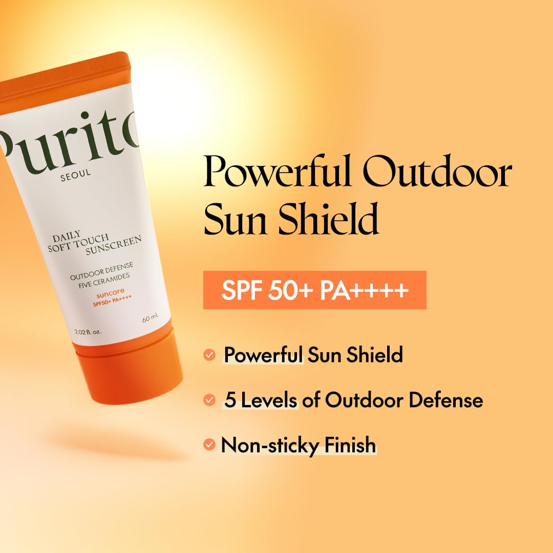 Purito SEOUL Daily Soft Touch Sunscreen in a white tube with SPF protection, designed for daily skin hydration and sun defense.