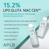 APLB Glutathione and Niacinamide Facial Toner bottle with label, clear liquid inside, designed for skincare and facial cleansing.