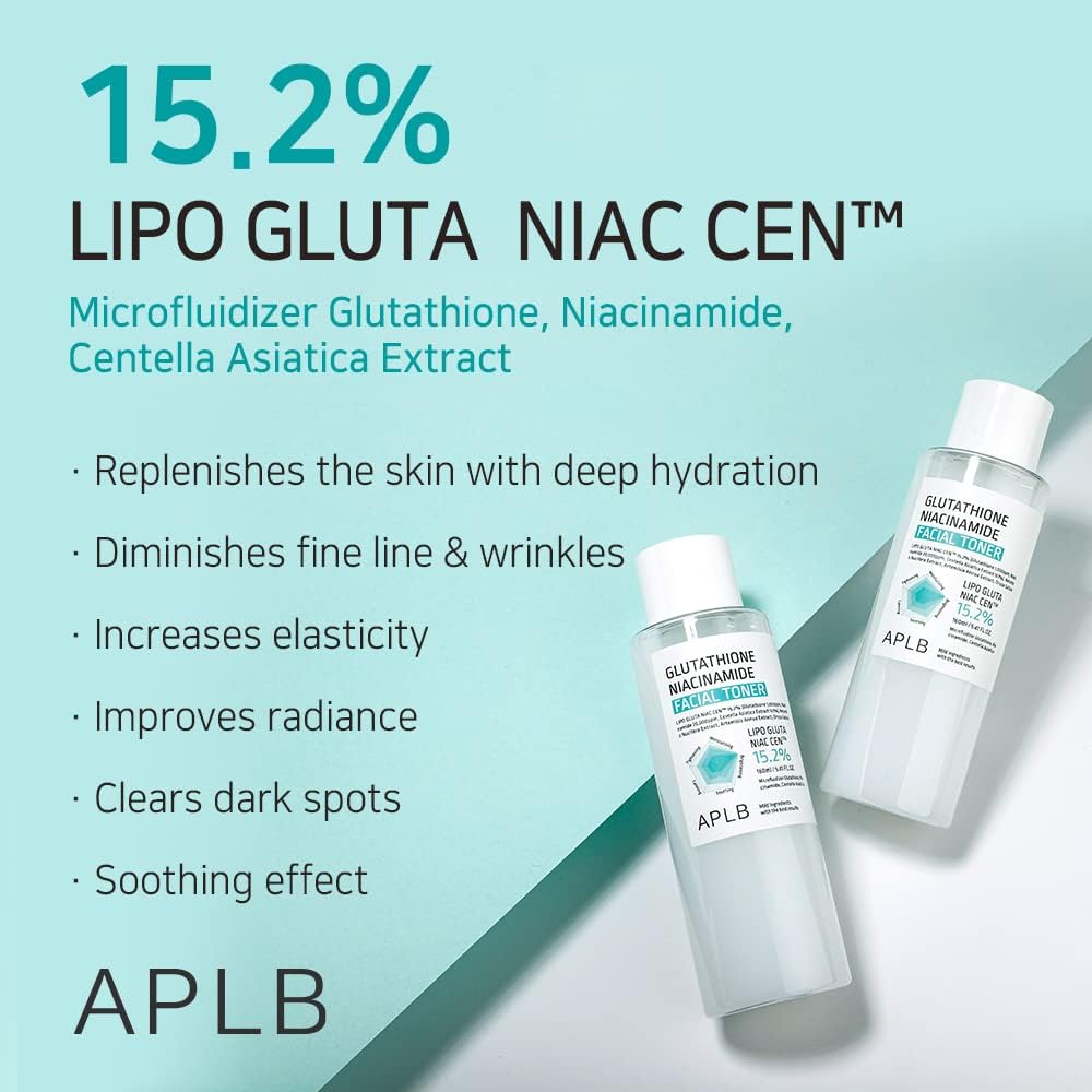 APLB Glutathione and Niacinamide Facial Toner bottle with label, clear liquid inside, designed for skincare and facial cleansing.