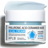 APLB Hyaluronic Acid Ceramide HA B5 Facial Cream jar showing creamy moisturizer with label and smooth texture in a close-up shot.
