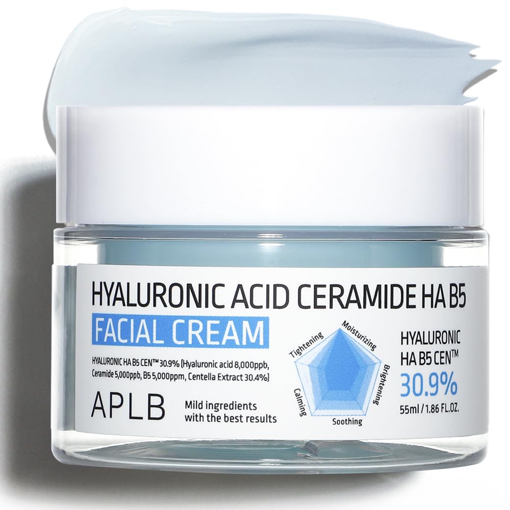 APLB Hyaluronic Acid Ceramide HA B5 Facial Cream jar showing creamy moisturizer with label and smooth texture in a close-up shot.