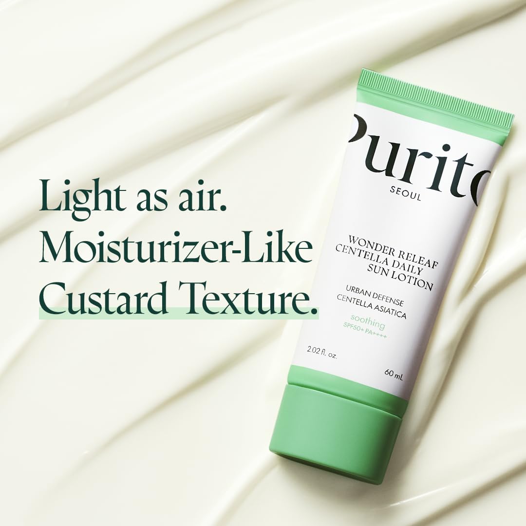 SKINZA PURITO Wonder Releaf Centella Daily Sun Lotion SPF50+ PA++++ sunscreen tube with white and green packaging