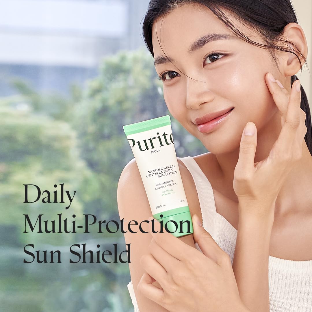 SKINZA PURITO Wonder Releaf Centella Daily Sun Lotion SPF50+ PA++++ sunscreen in a white tube with a pump dispenser.