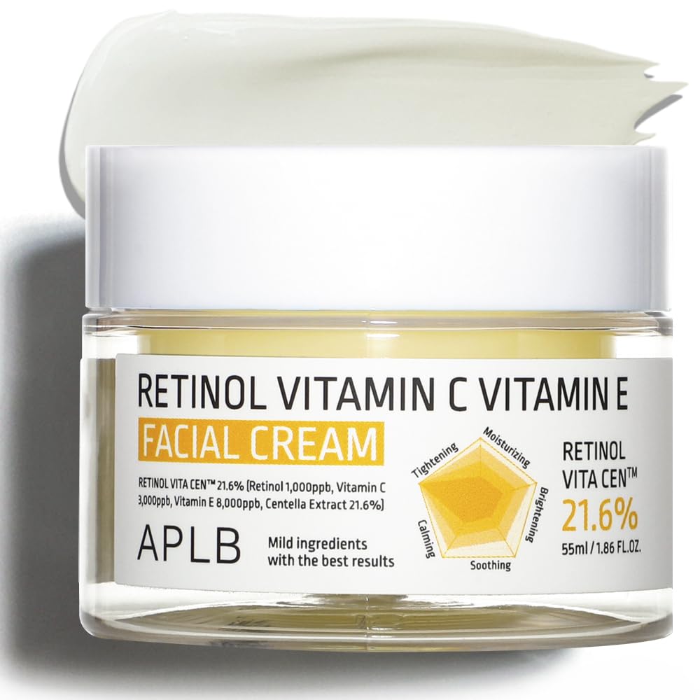 APLB retinol, vitamin C, and vitamin E facial cream jar with white lid and clear label on a white background.