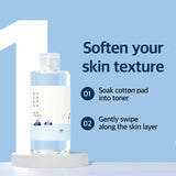 ROUND LAB 1025 Dokdo Toner in a clear 200ml bottle, showcasing the label and transparent liquid inside.