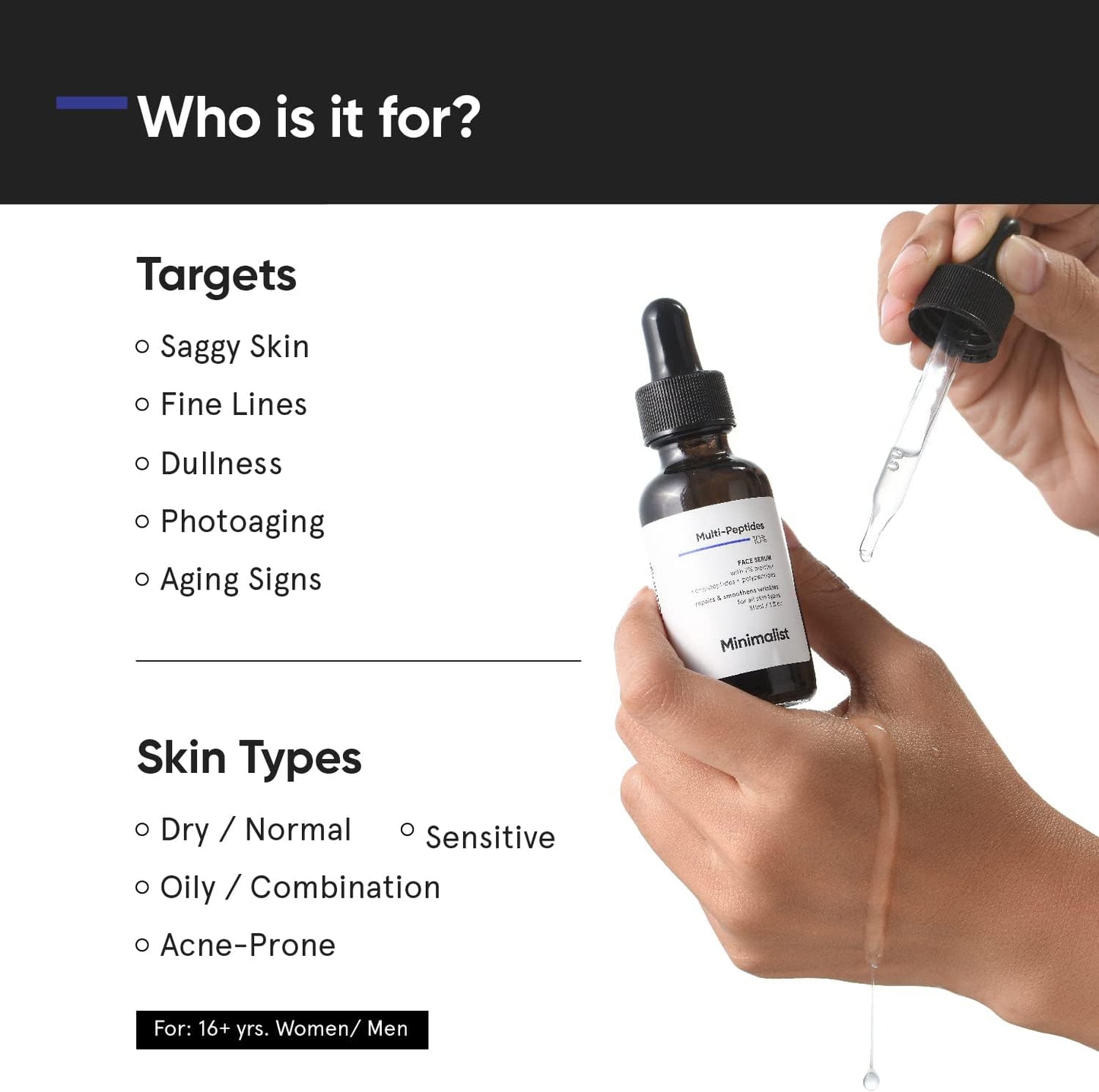 SKINZA minimalist multi-peptide night face serum with dropper, designed for collagen-boosting overnight skin repair.