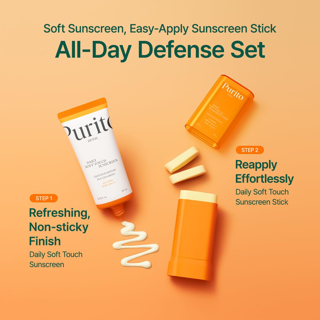 Purito SEOUL Daily Soft Touch Sunscreen bottle with SPF, featuring a sleek white design and soft-touch finish.