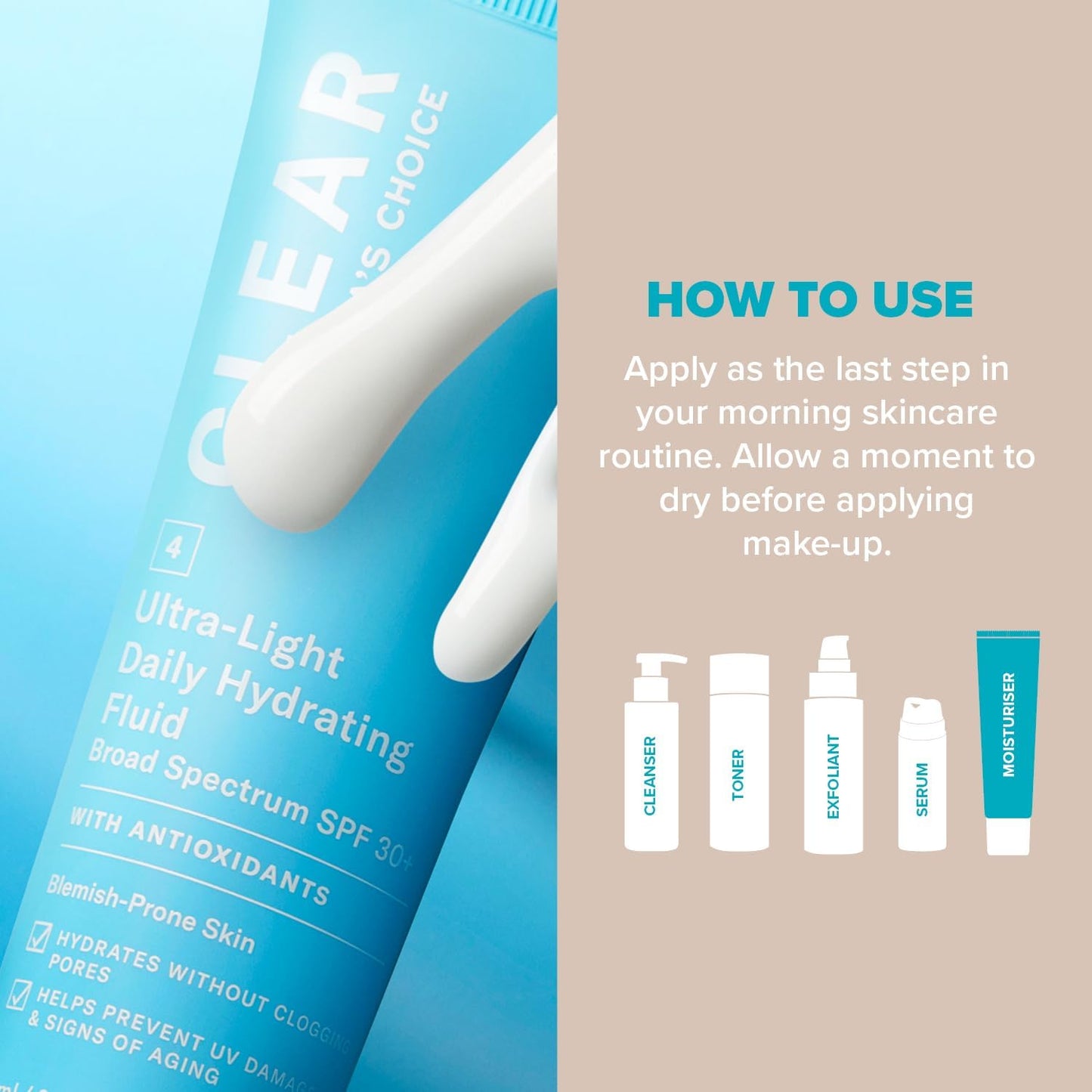 Skincare product image of SKINZA Paula's Choice CLEAR Light Hydrating Fluid SPF 30, oil-free facial sunscreen in a white bottle