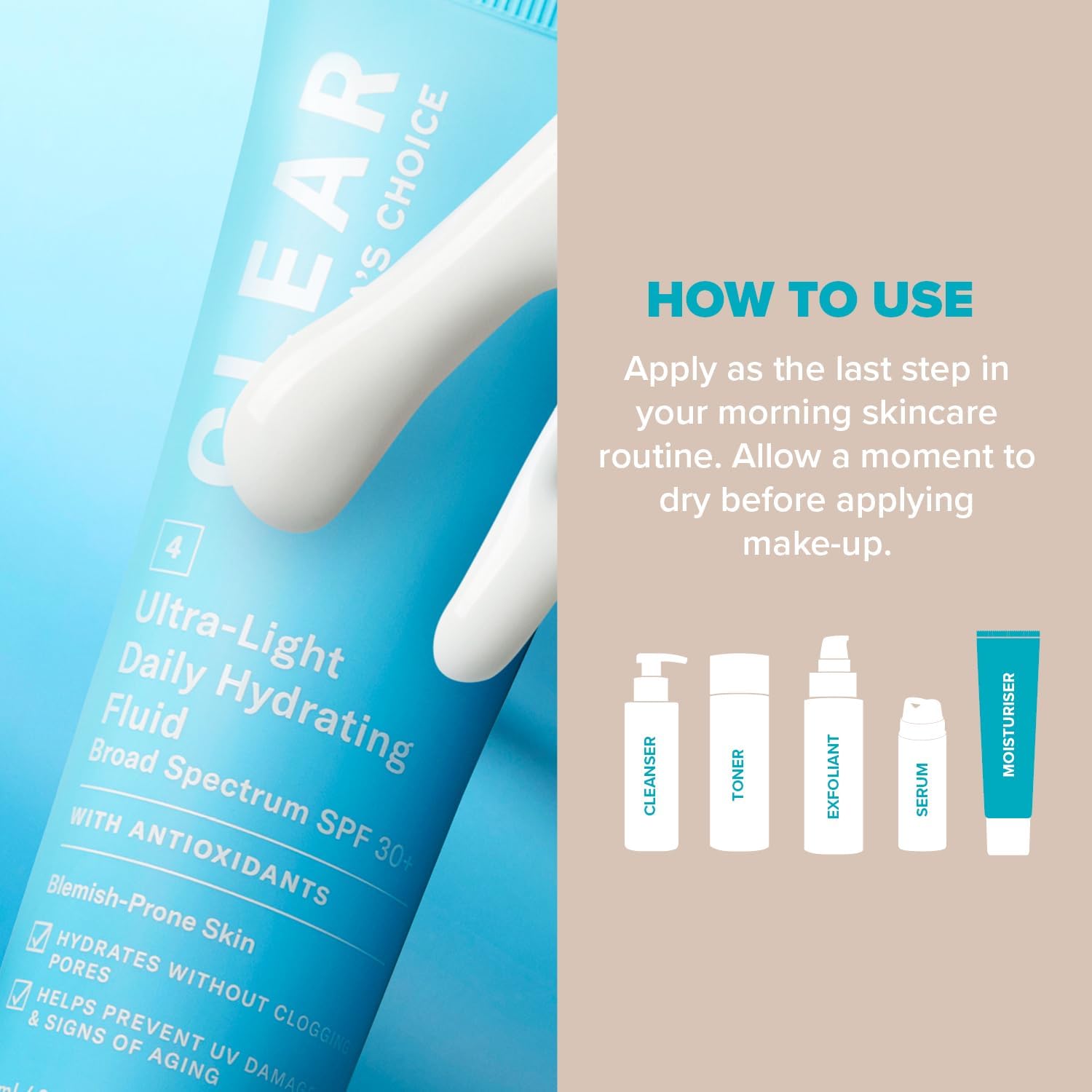 Skincare product image of SKINZA Paula's Choice CLEAR Light Hydrating Fluid SPF 30, oil-free facial sunscreen in a white bottle