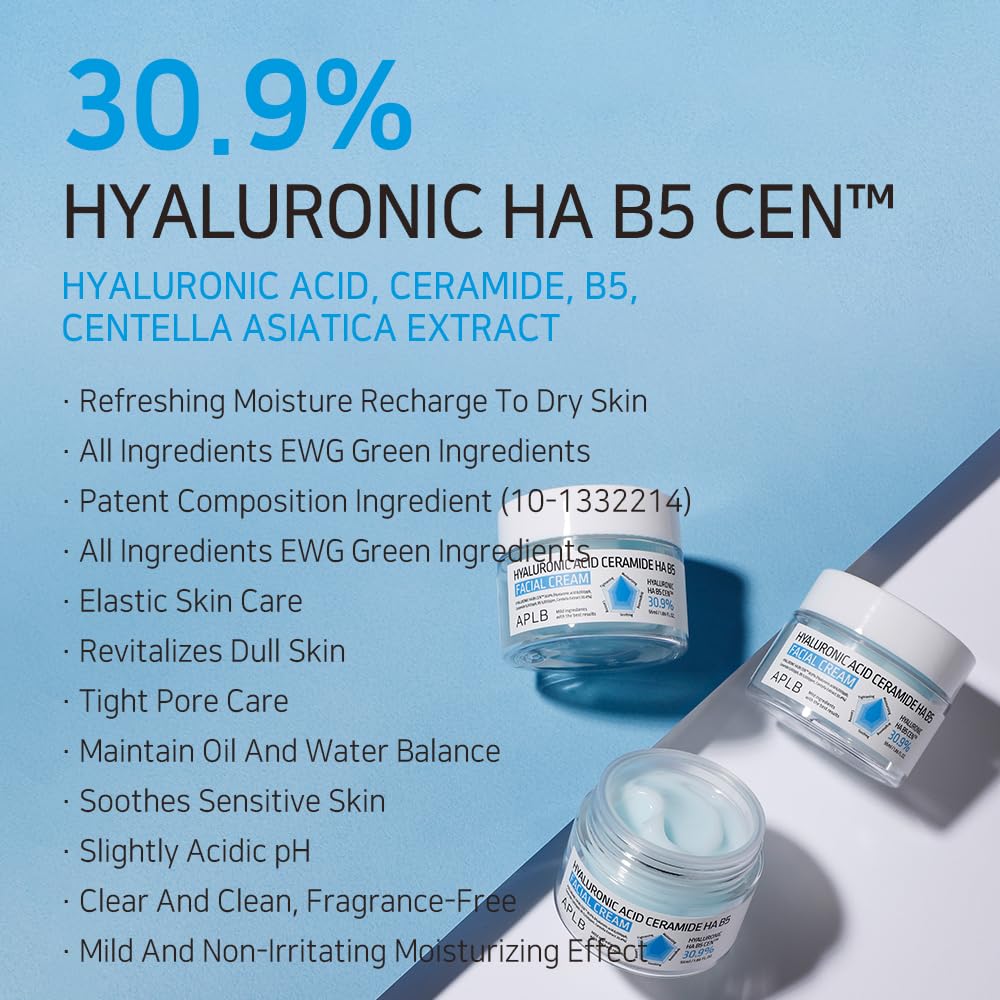 APLB Hyaluronic Acid Ceramide HA B5 Facial Cream jar showing creamy moisturizer with label and open lid.