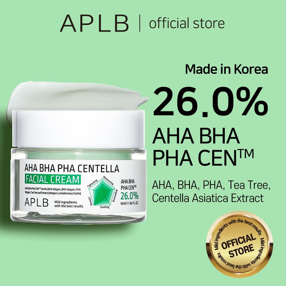 APLB AHA BHA PHA Centella Facial Cream in a jar, shown with a smooth cream texture and fresh citrus slices on a white background.