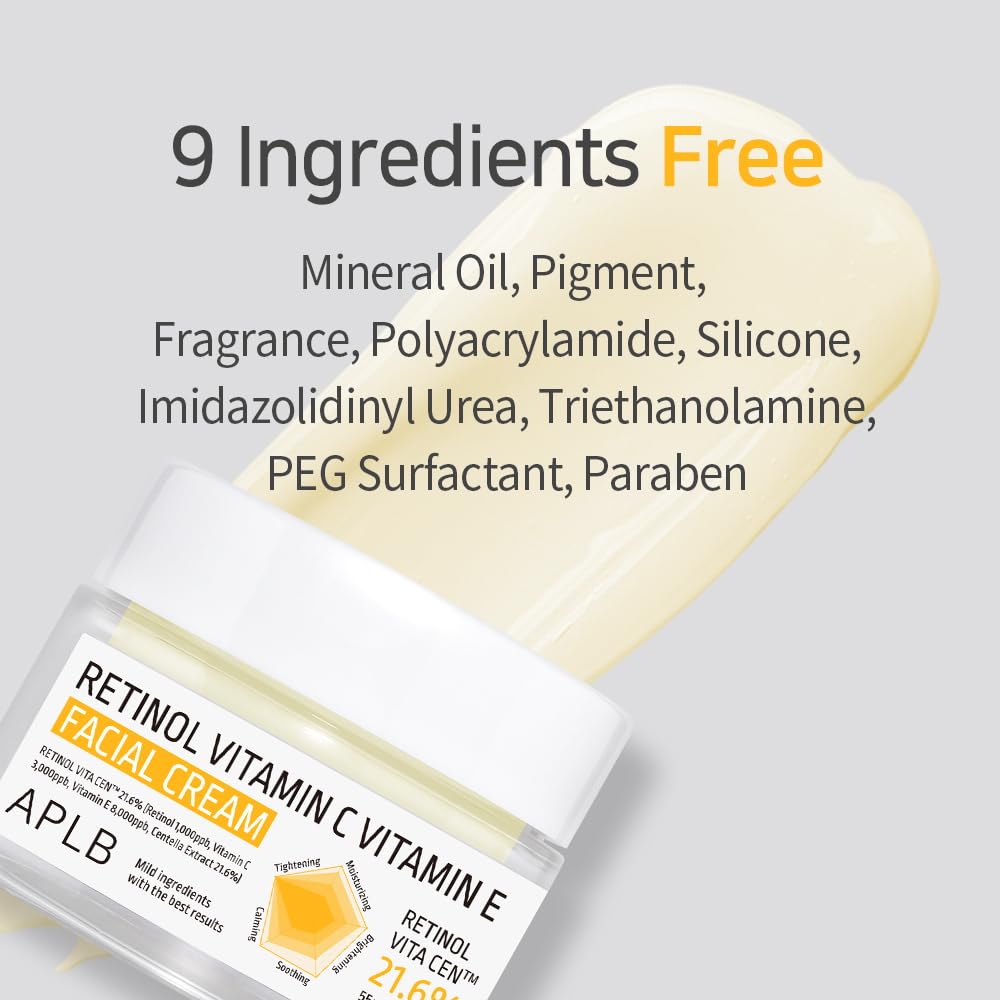 APLB Retinol, Vitamin C, and Vitamin E facial cream jar showing a smooth, creamy moisturizer suitable for skincare.
