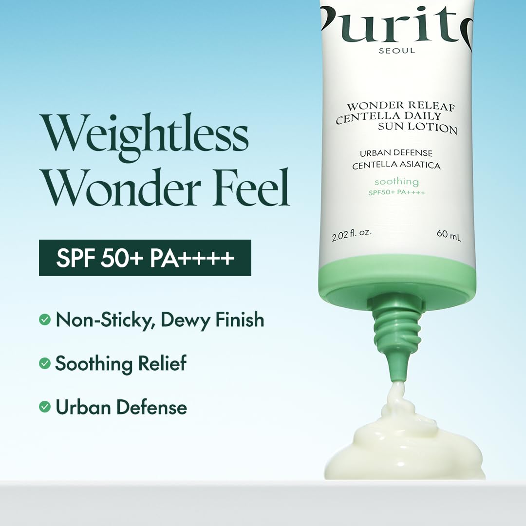 SKINZA PURITO Wonder Releaf Centella Daily Sun Lotion SPF50+ PA++++ sunscreen bottle with white pump dispenser and product label