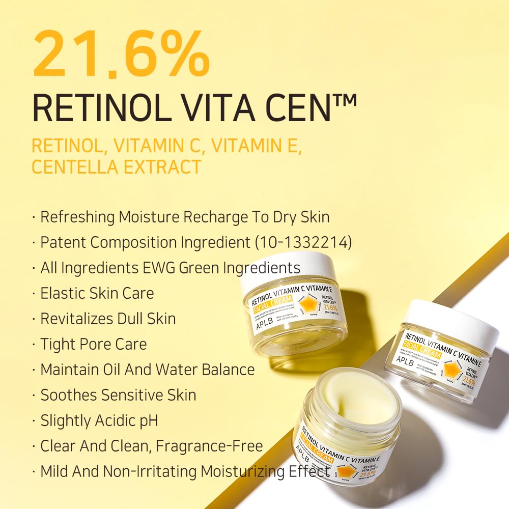 APLB retinol, vitamin C, and vitamin E facial cream jar with a white lid and sleek packaging.