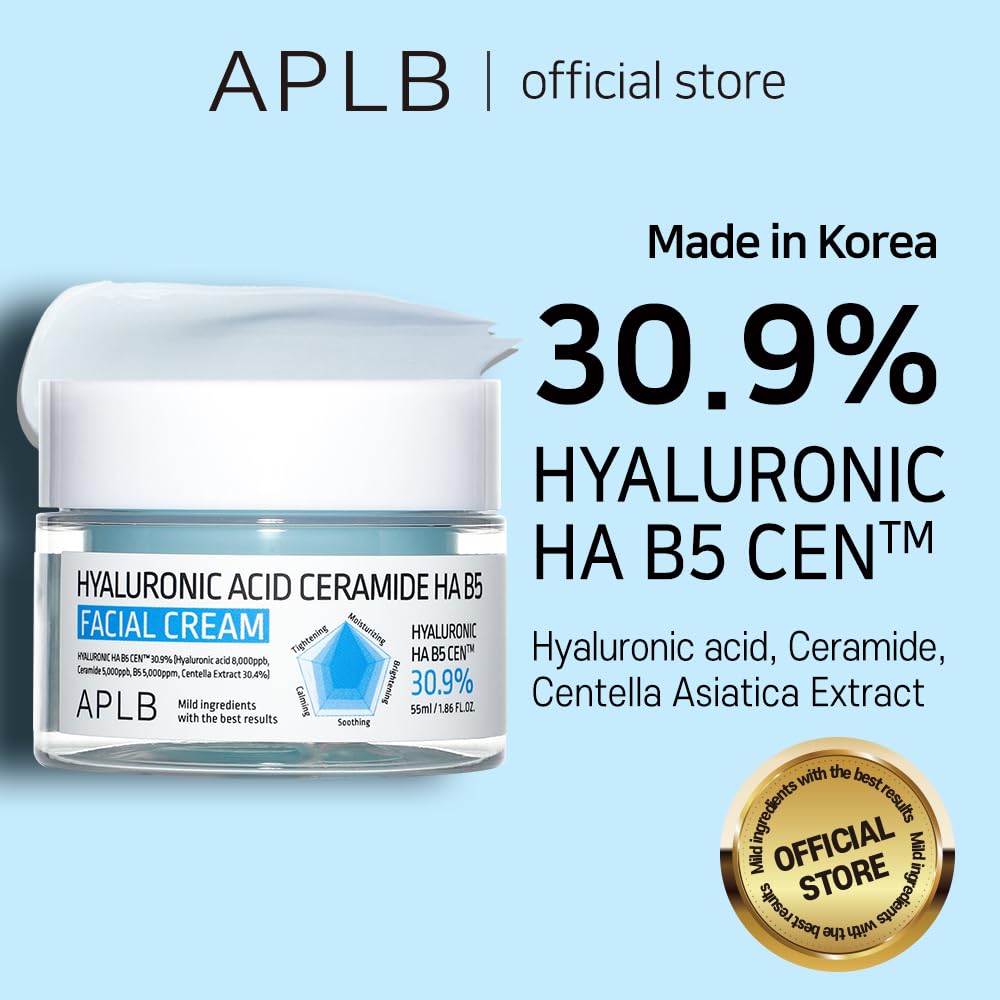 APLB Hyaluronic Acid Ceramide HA B5 Facial Cream jar with white lid, showcasing creamy skincare product for hydration and skin barrier support.