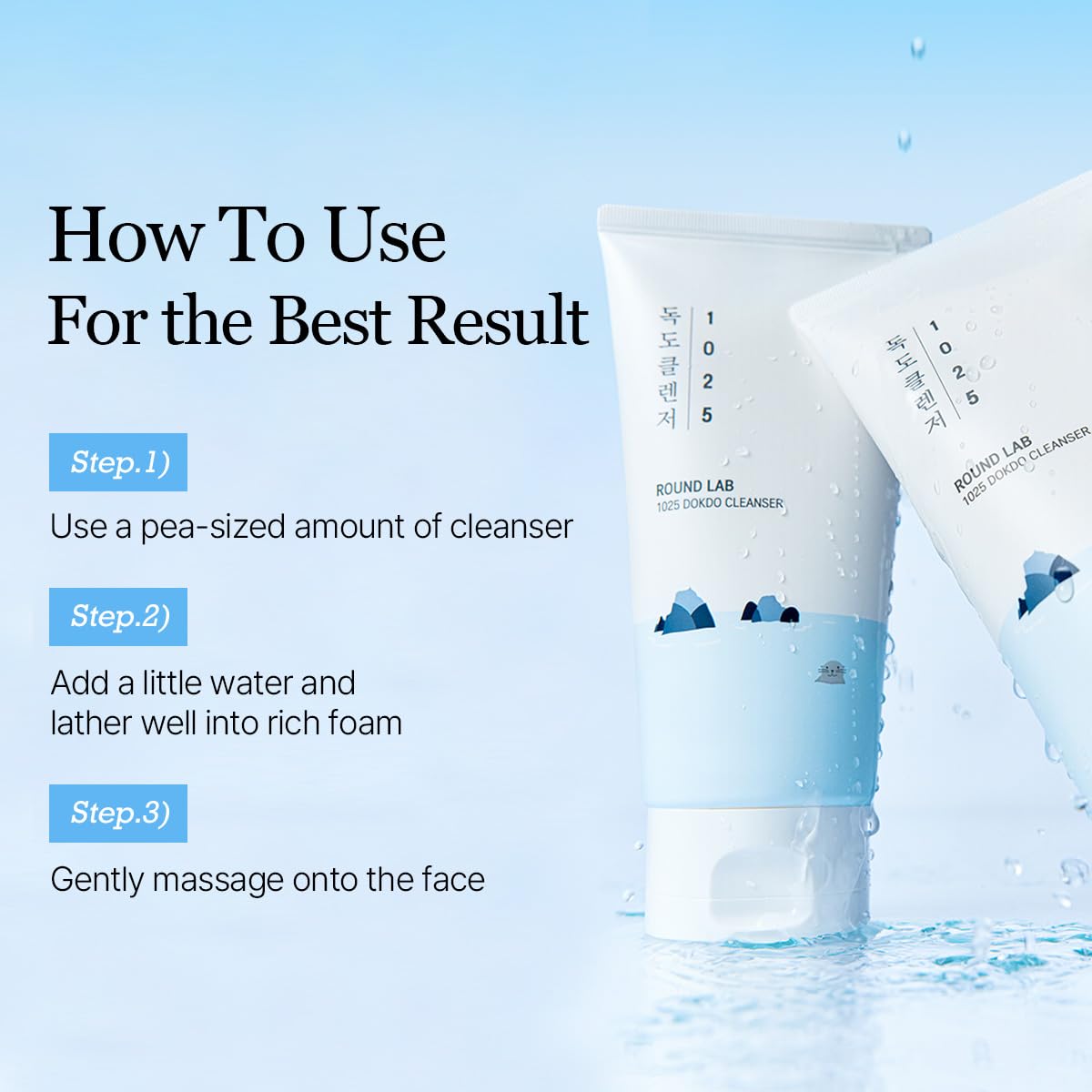 ROUND LAB 1025 Dokdo Cleanser bottle with white and blue packaging, featuring product label and pump dispenser.