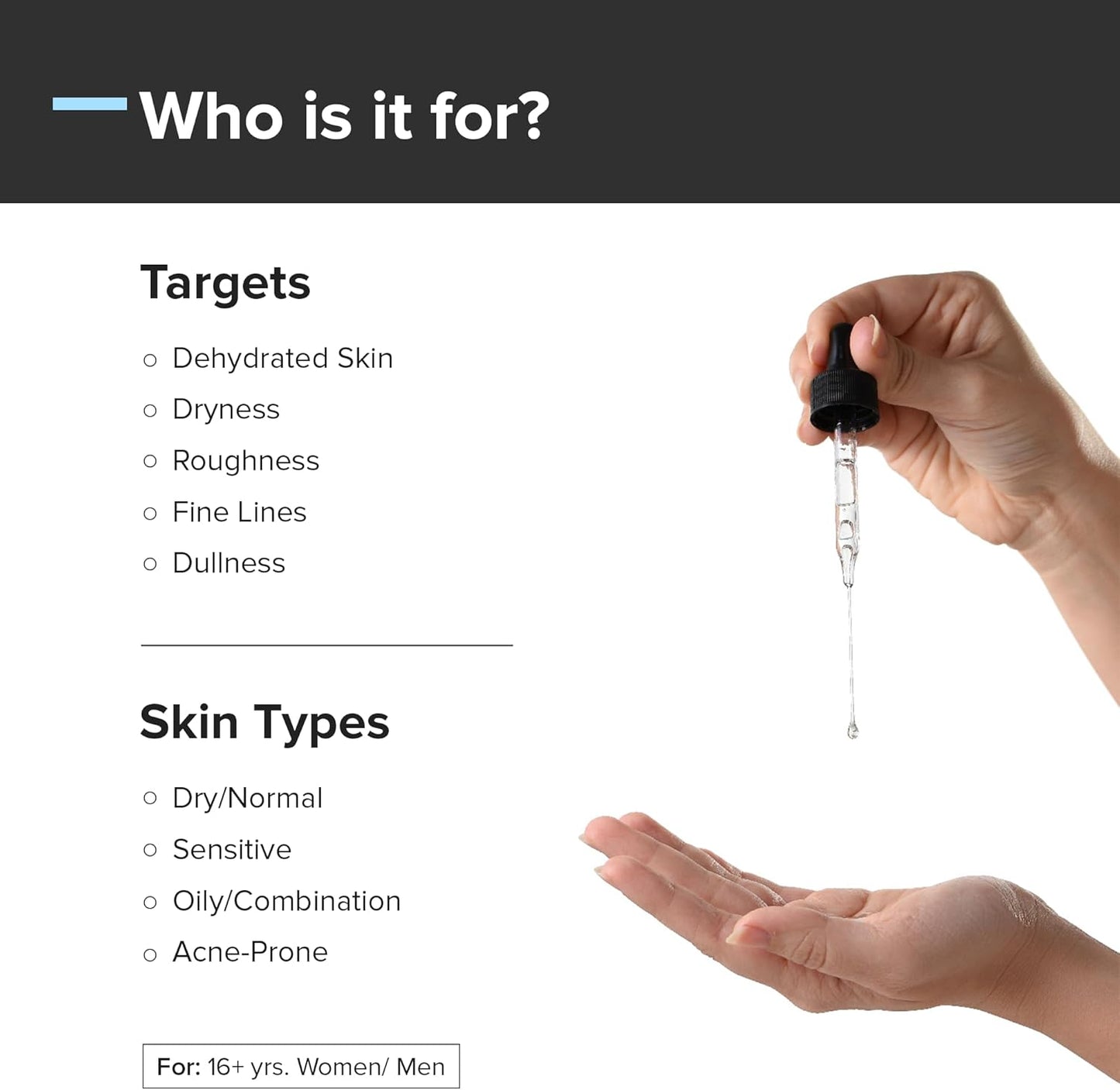 SKINZA minimalist 2% hyaluronic acid hydrating serum bottle with clear dropper for intense skin hydration.