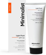 SKINZA minimalist SPF 50 light fluid sunscreen bottle with white pump dispenser and clean design.