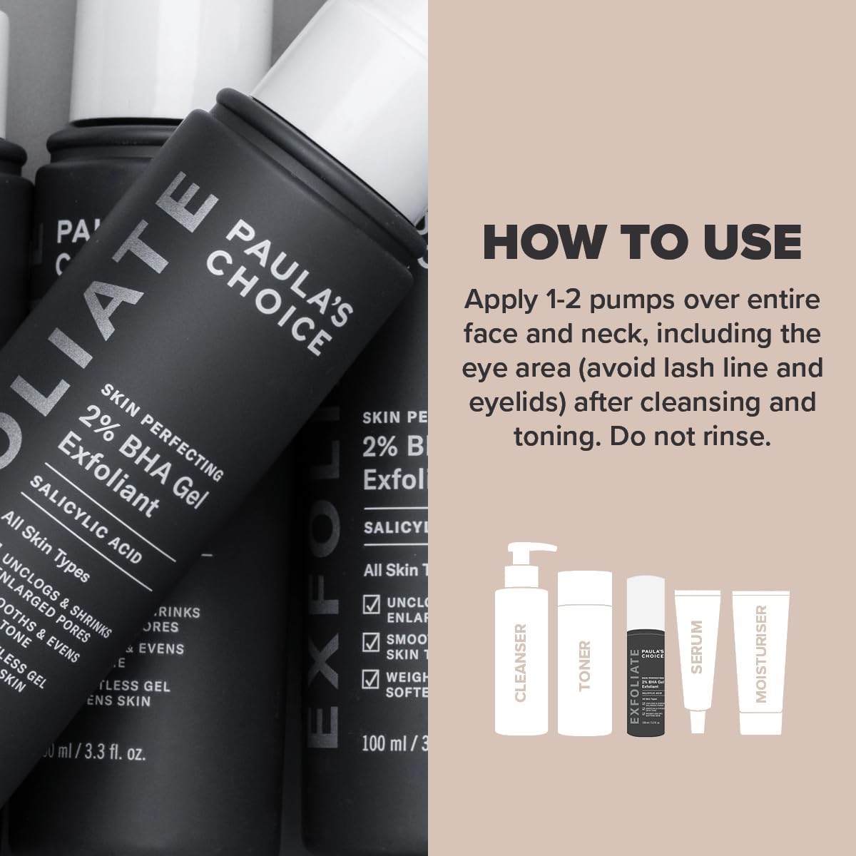 SKINZA Paula's Choice SKIN PERFECTING 2% BHA Gel Exfoliant in a clear bottle with pump, showing the product label and gel inside.