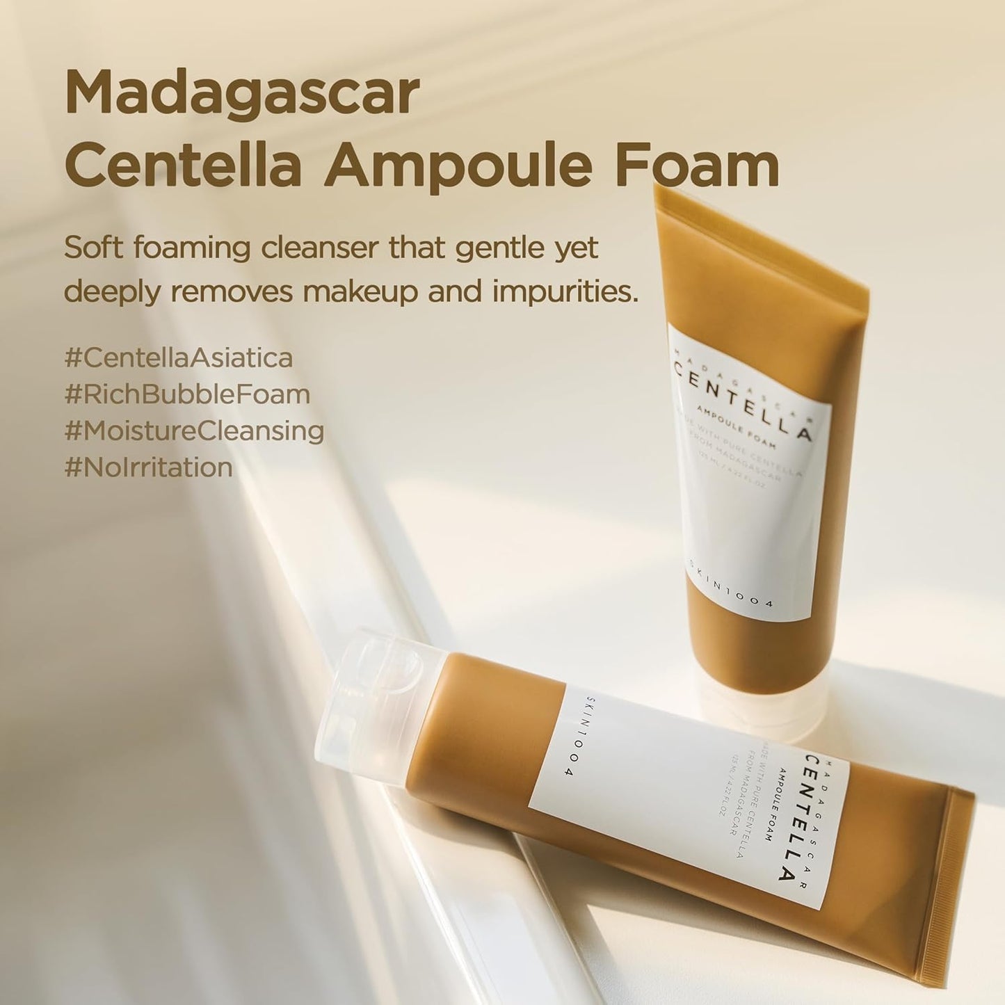 Skin1004 Madagascar Centella Ampoule Foam in 125ml bottle with pump dispenser, featuring a clean, white foam texture for gentle skincare