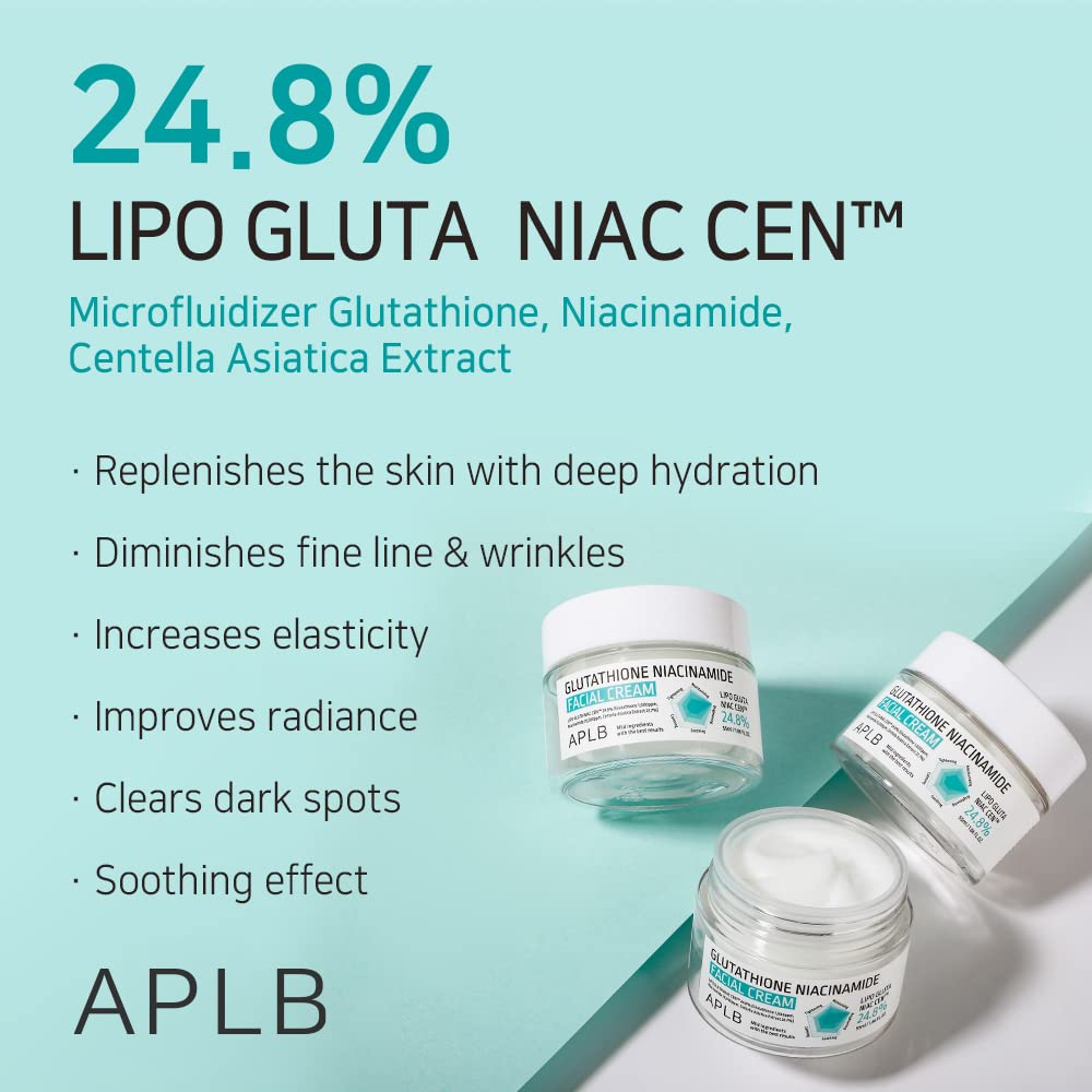 APLB Glutathione Niacinamide Facial Cream jar with white lid and label, showcasing a nourishing skincare product for brightening and hydration.