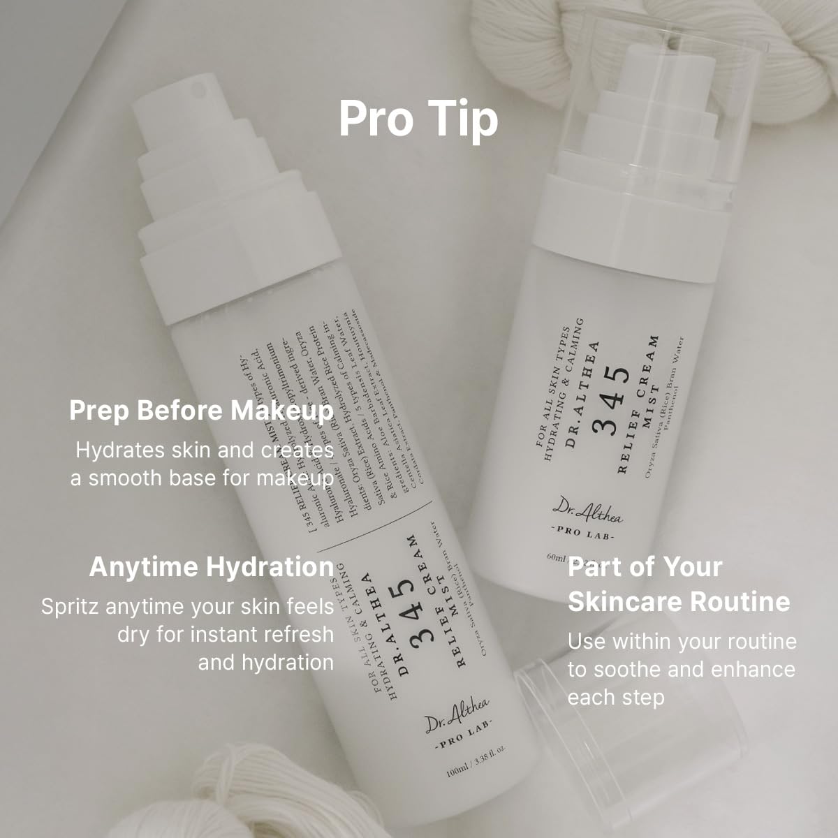 Dr. Althea 345 Relief Cream toner mist bottle with clear label, spray nozzle, and white cap, showing the skincare product design.