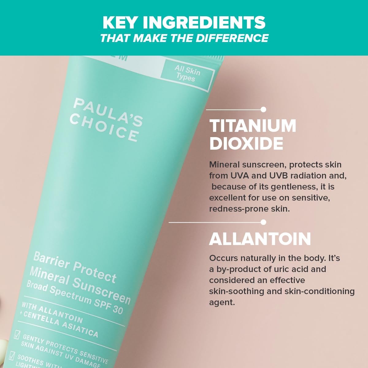 SKINZA Paula's Choice CALM Barrier Protect Mineral Sunscreen SPF 30 tube with SPF label and calming skincare branding.