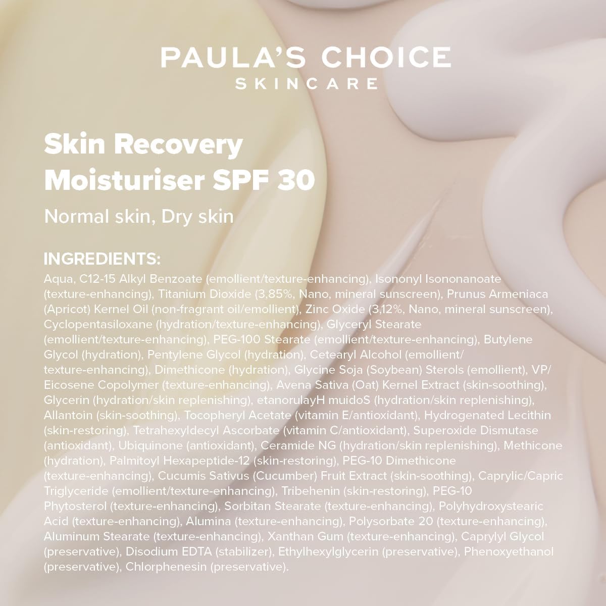 SKINZA Paula's Choice SKIN RECOVERY Moisturizer SPF 30 hydrating anti-aging sunscreen in a white jar with a pump dispenser