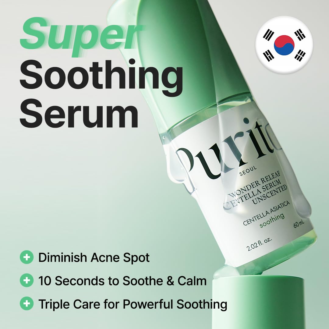 Purito Centella Unscented Serum in a glass bottle, featuring a dropper for precise application, designed for soothing skin care.
