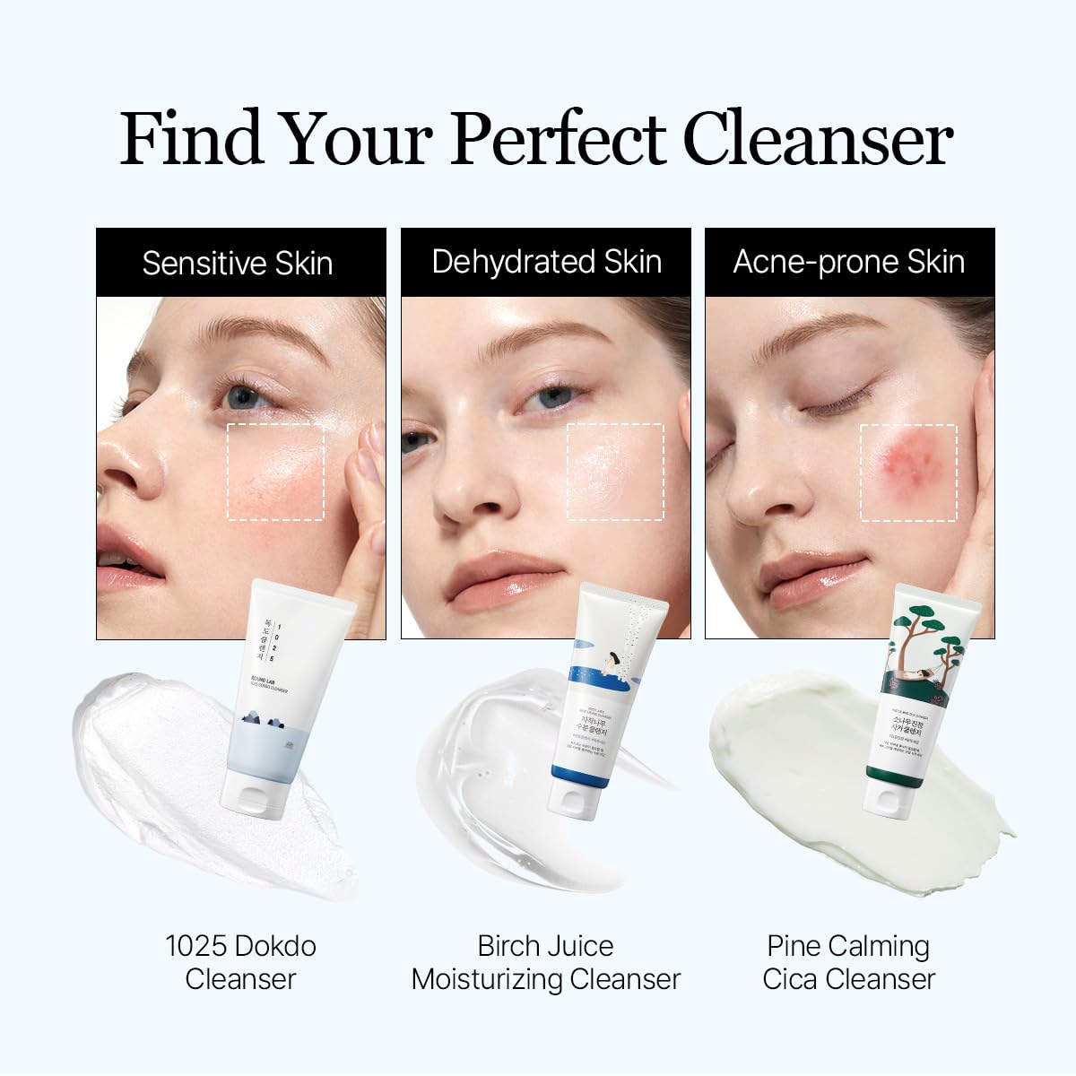 ROUND LAB 1025 Dokdo Cleanser 150ml, gentle facial cleanser in a white tube with blue and green accents, suitable for daily skincare.