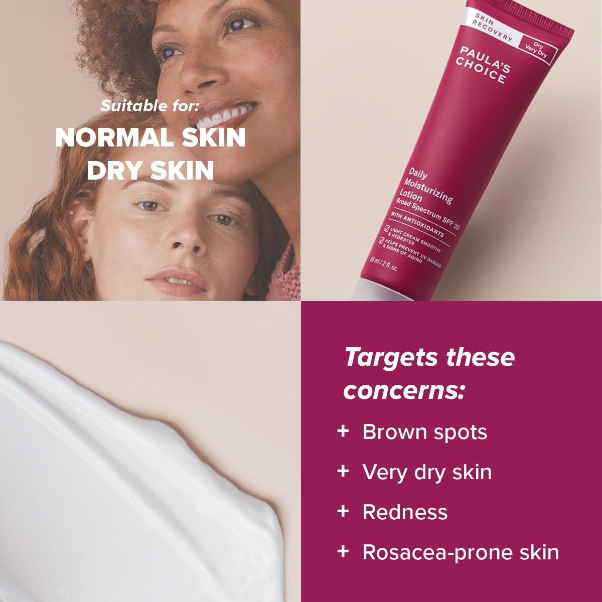SKINZA Paula's Choice SKIN RECOVERY Moisturizer SPF 30 hydrating anti-aging sunscreen with smooth texture and natural finish.