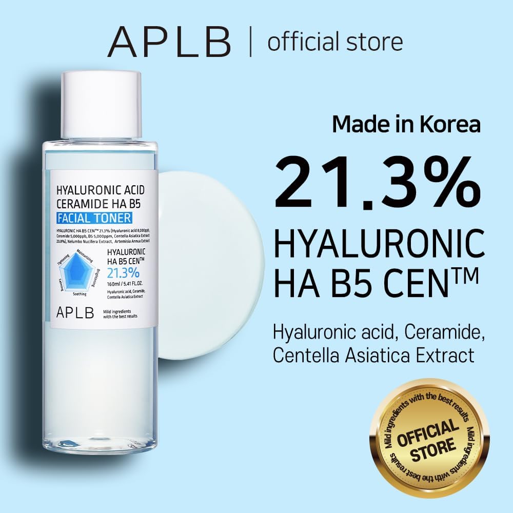 APLB Hyaluronic Acid Ceramide HA B5 Facial Toner in clear bottle with pump, showing the product label and liquid inside.