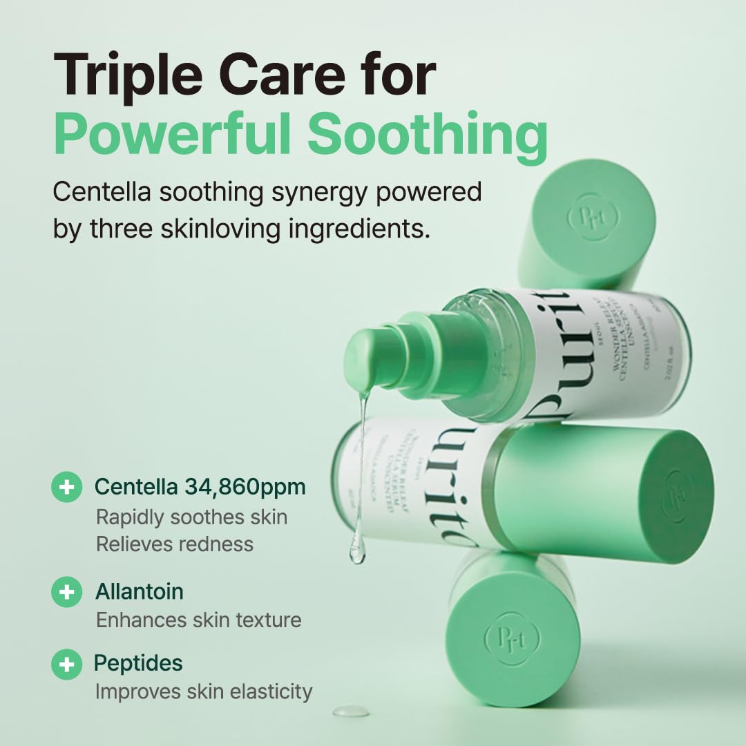 Purito Centella Unscented Serum bottle with dropper, clear glass packaging, and product label from Purito Seoul skincare line.