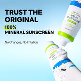 ROUND LAB Birch Juice Moisturizing UV LOCK SPF 50 sunscreen tube with white and green packaging, placed on a wooden surface.