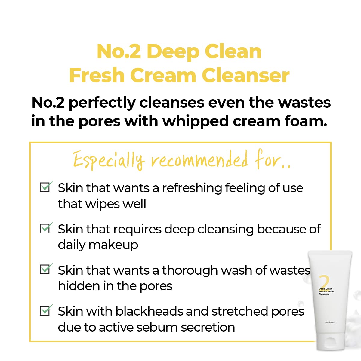 Numbuzin No.2 Deep Clean Fresh Cream Cleansing Foam in a white tube with blue accents, designed for gentle facial cleansing.