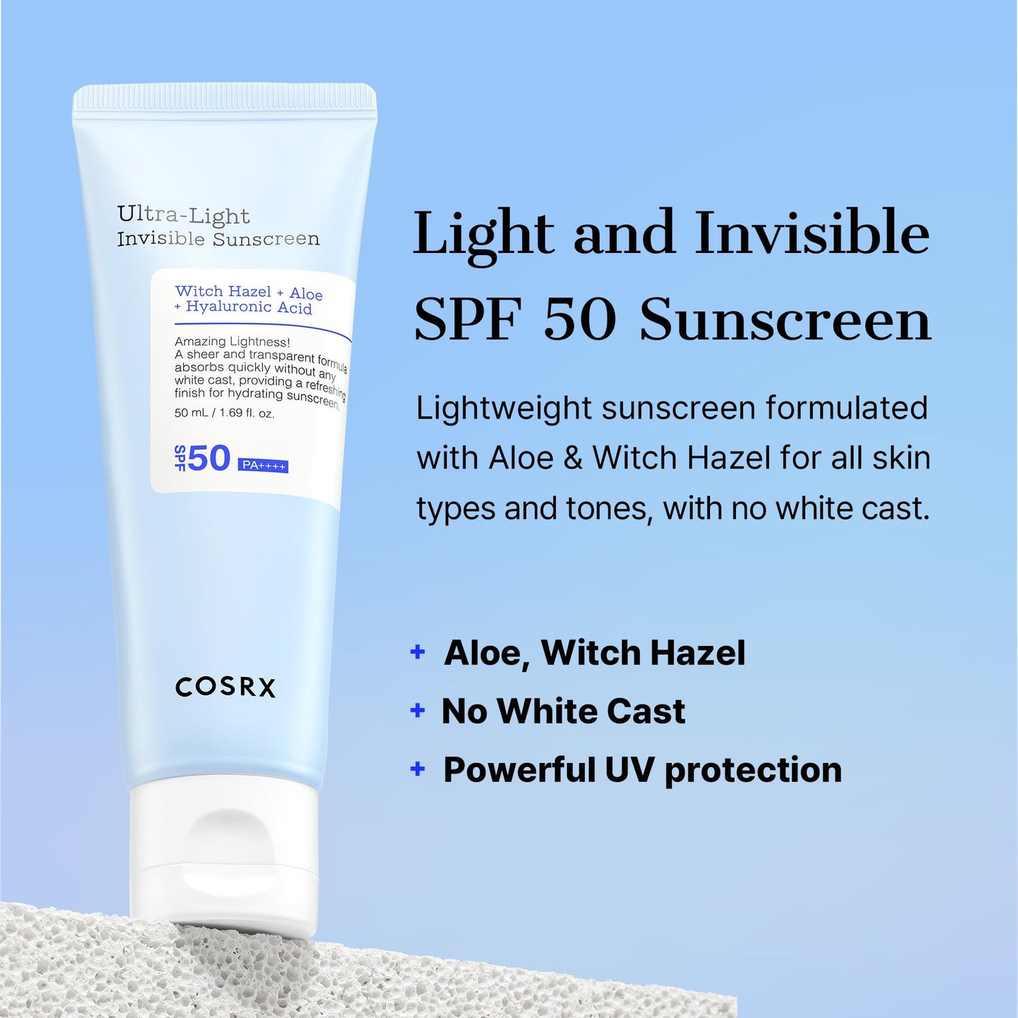 COSRX Ultra-Light Invisible Sunscreen SPF 50 face moisturizer in a white tube with blue accents, suitable for sensitive skin.