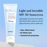 COSRX Ultra-Light Invisible Sunscreen SPF 50 face moisturizer in a white tube with blue accents, suitable for sensitive skin.