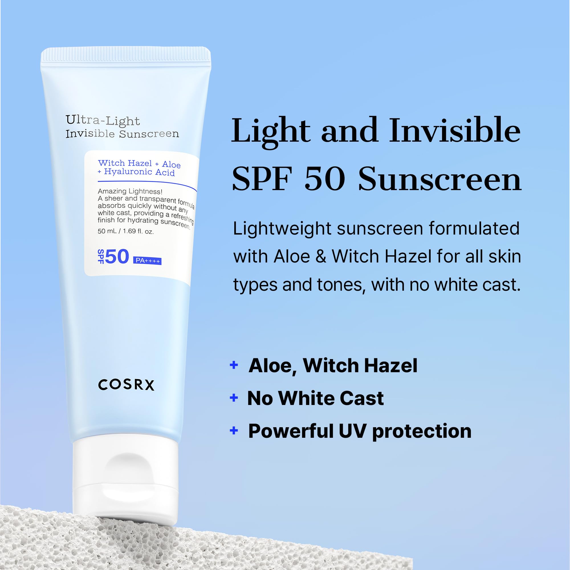 COSRX Ultra-Light Invisible Sunscreen SPF 50 face moisturizer in a white tube with blue accents, suitable for sensitive skin.