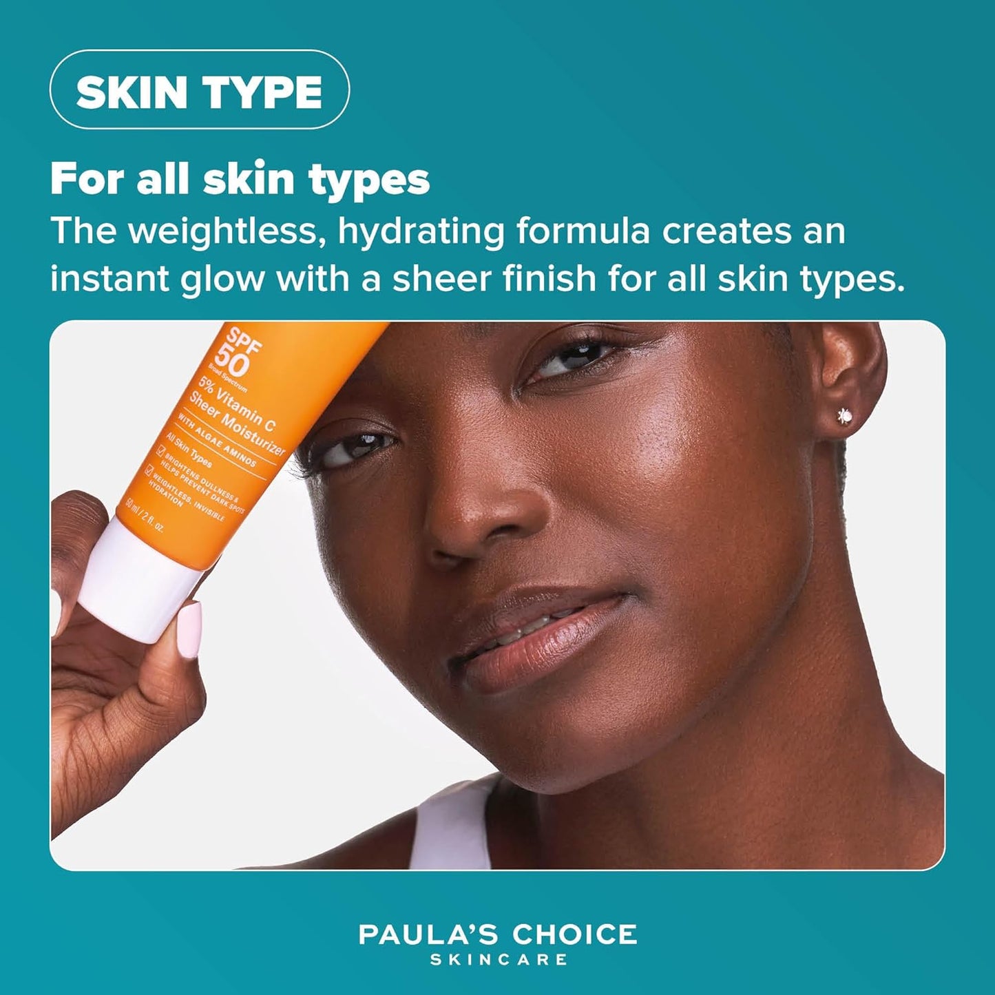 SKINZA Paula's Choice 5% Vitamin C Lotion SPF 50 bottle with pump dispenser and bright orange packaging on a white background
