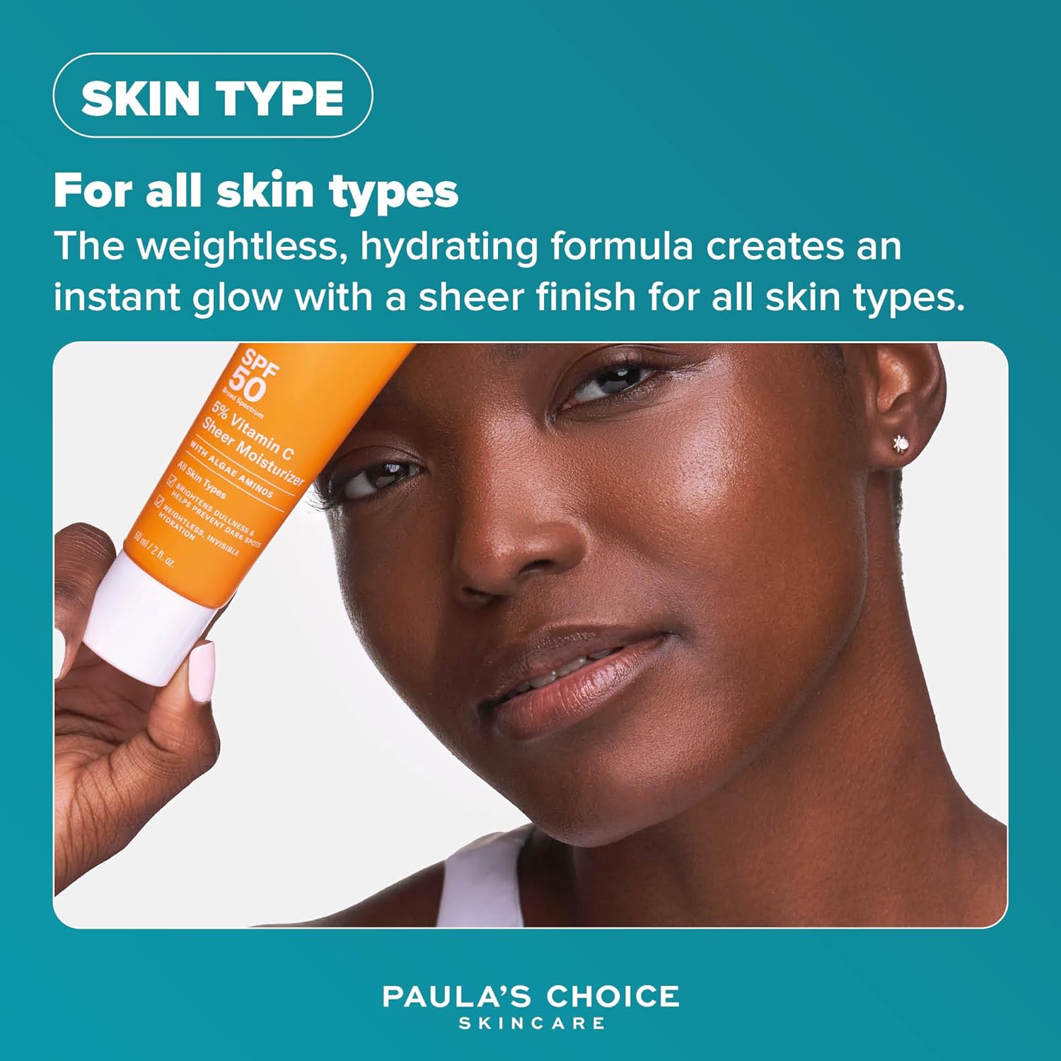 SKINZA Paula's Choice 5% Vitamin C Lotion SPF 50 bottle with pump dispenser and bright orange packaging on a white background