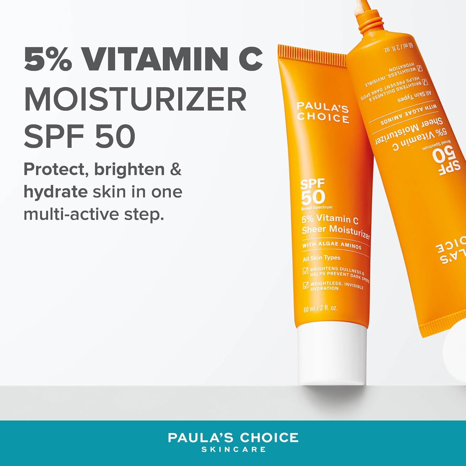 SKINZA Paula's Choice 5% Vitamin C Lotion SPF 50 bottle, lightweight skincare with brightening and sun protection features.